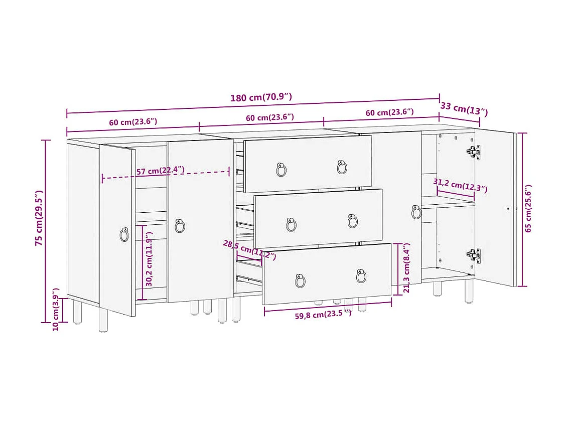 Armoires latérales 3 pcs 60x33x75 cm bois massif de manguier