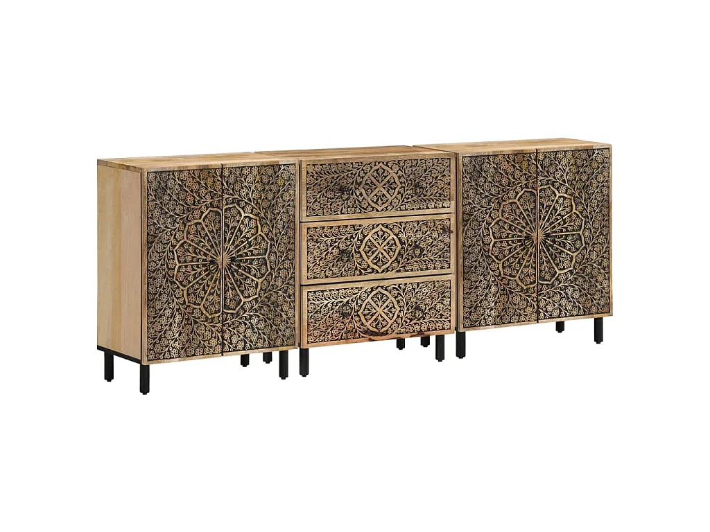Credenze 3 pz 60x33x75 cm in Legno Massello di Mango