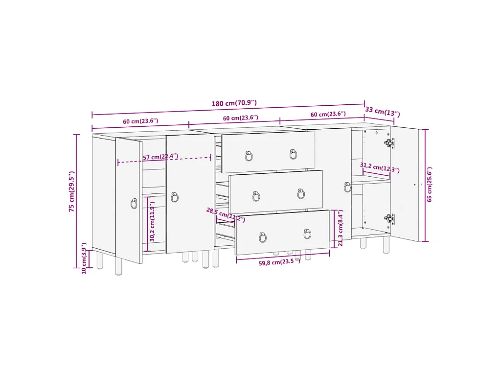 Credenze 3 pz 60x33x75 cm in Legno Massello di Mango