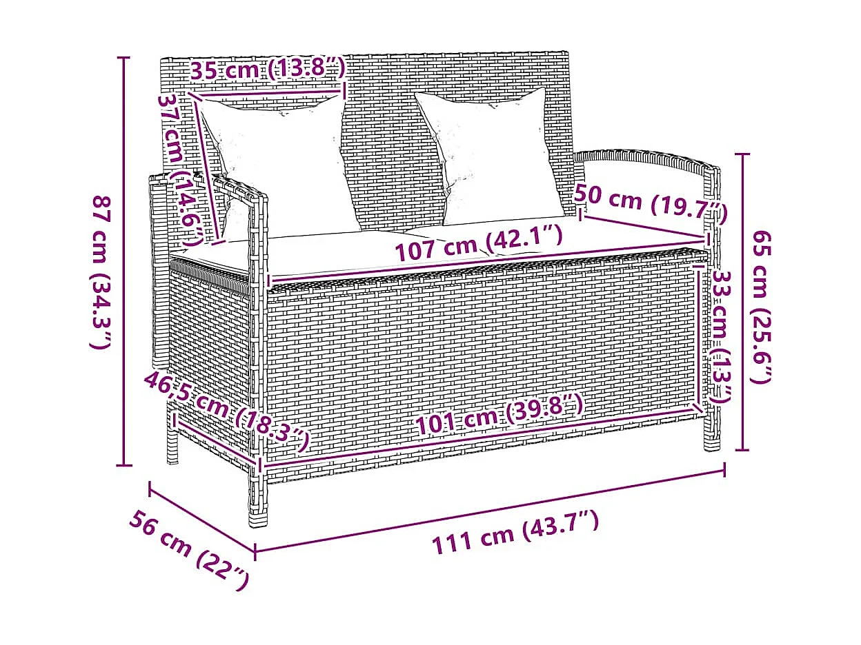 Banc de rangement de jardin avec coussin noir résine tressée
