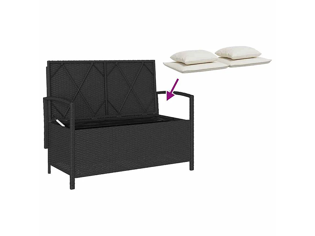 Banc de rangement de jardin avec coussin noir résine tressée