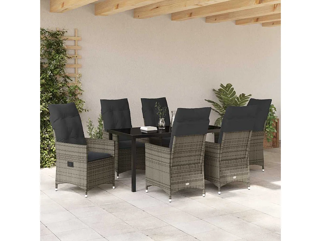 Tuin eettafelset met kussen 7 pcs Grijs poly rattan