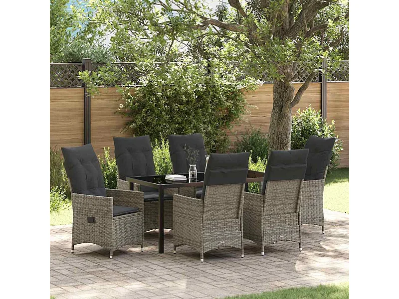 Tuin eettafelset met kussen 7 pcs Grijs poly rattan