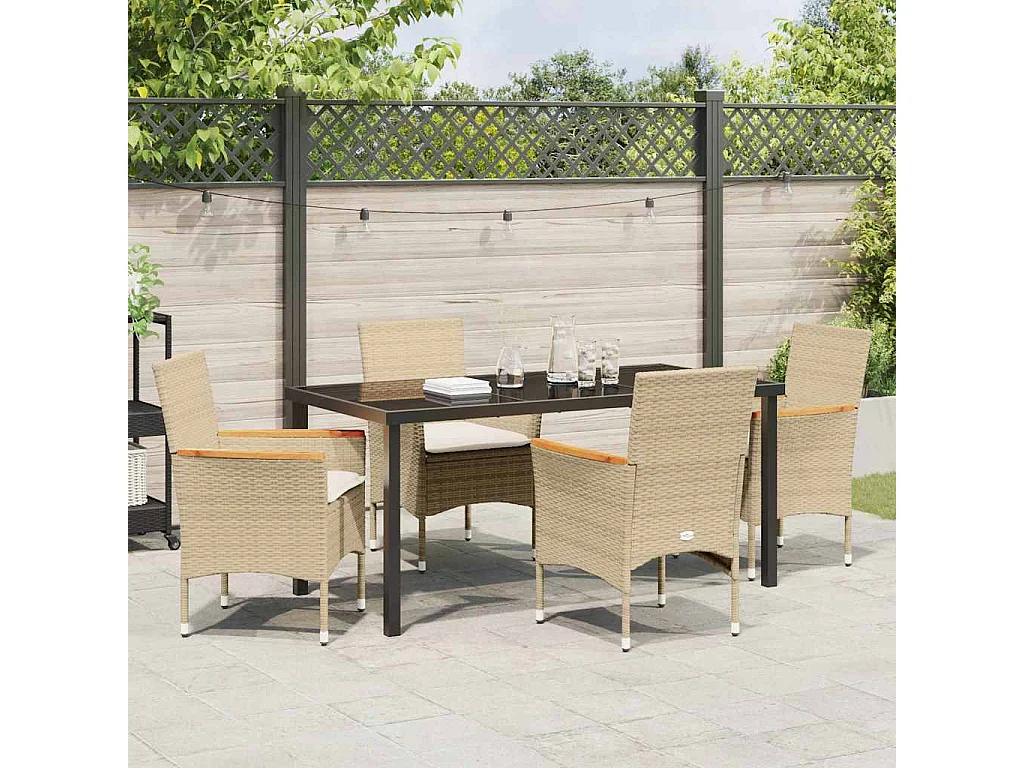 Tuin eettafelset met kussen 5 pcs Beige poly rattan