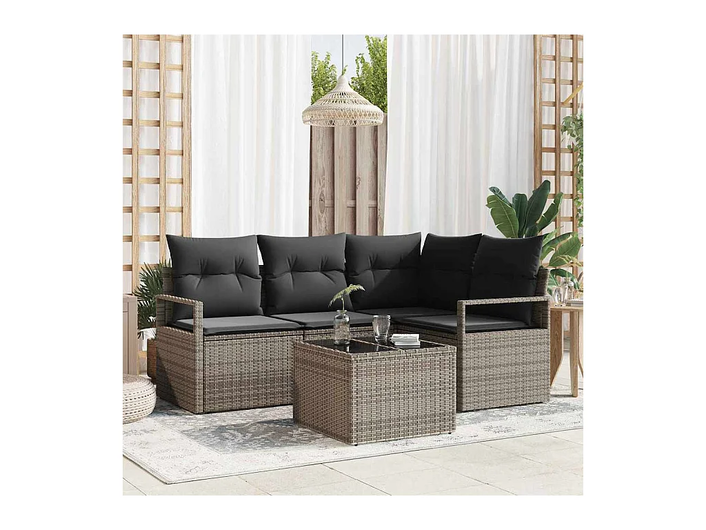 Tuin Sofa Set 5 pcs Lichtgrijs Poly Rattan, Poedergecoat Staal