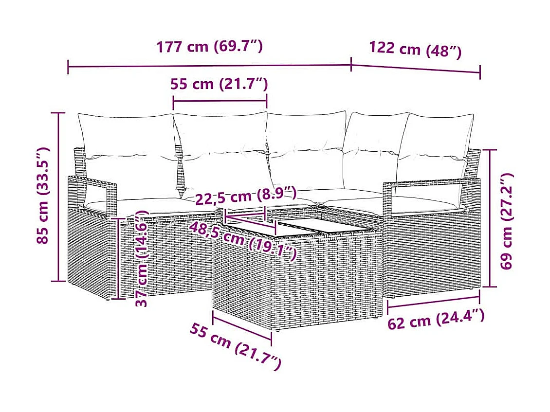 Tuin Sofa Set 5 pcs Lichtgrijs Poly Rattan, Poedergecoat Staal