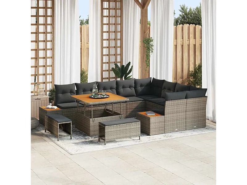 Set Divano da Giardino con cuscino 12 pcs Grigio Poly Rattan