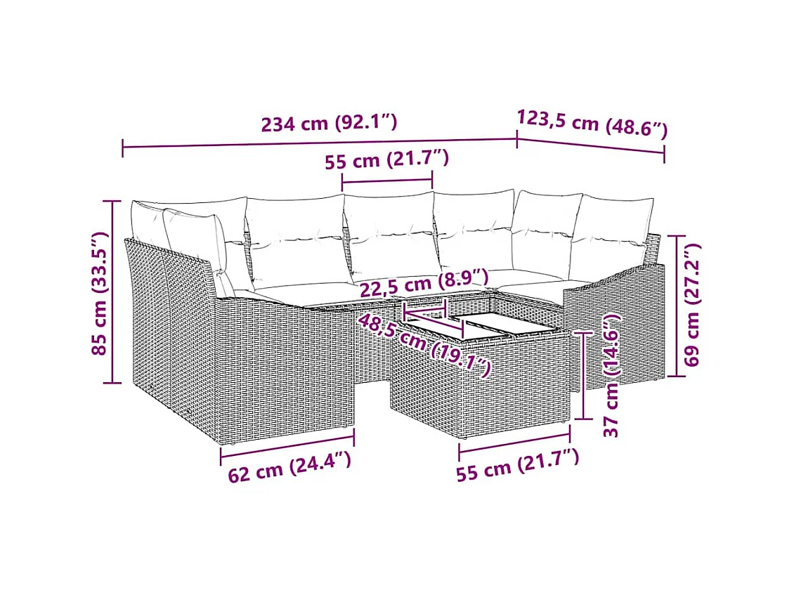 Garten-Sofa-Set mit Kissen 7 pcs Beige und Grau 55 x 55 x 37 cm