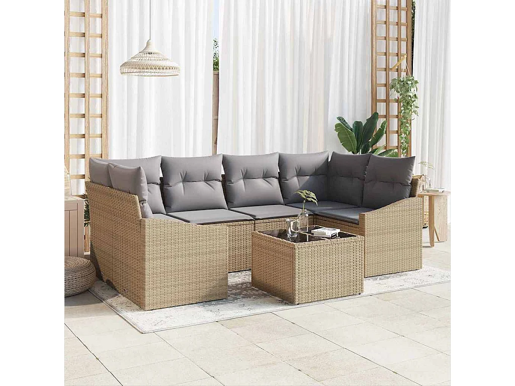 Conjunto de Sofás com almofada 7 pcs Bege e Cinza vime PE