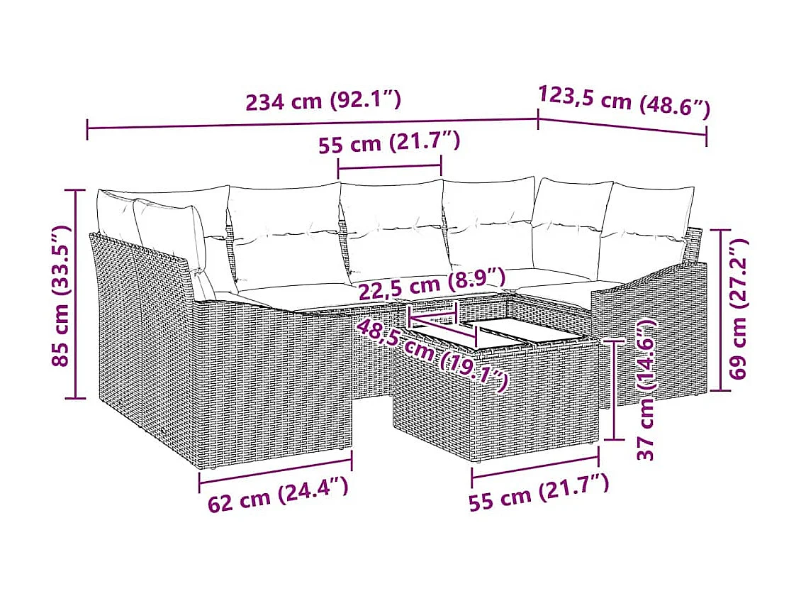Conjunto de Sofás com almofada 7 pcs Bege e Cinza vime PE