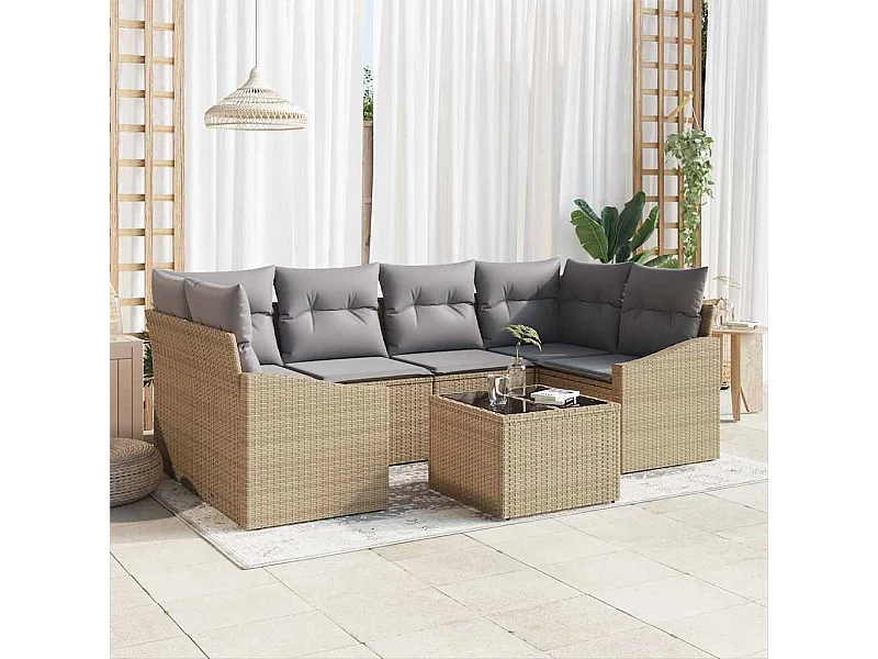 Bankstel met kussen met opslag 7 pcs Beige en Grijs poly rattan