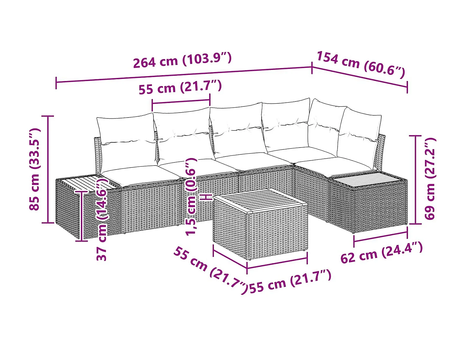 Tuinbankenset met kussen 6 pcs Zwart Poly riet