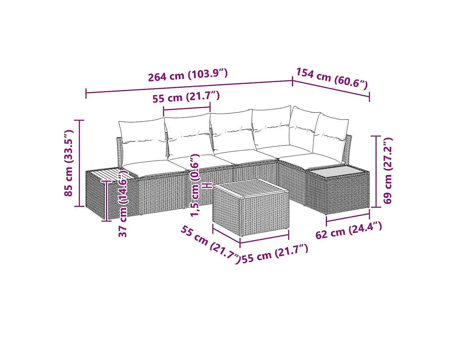 Ensemble de canapé de jardin 6 pc Noir Poly rotin