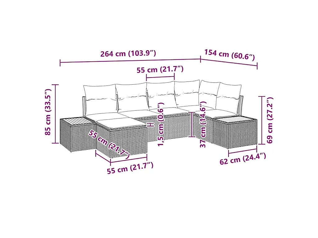 Gartensofa-set mit Kissen mit Speicher 7 pcs Grau Polyrattan
