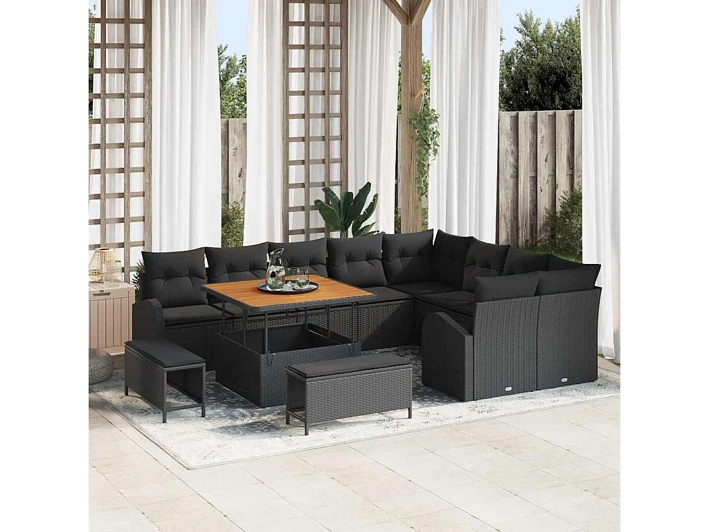 Tuinbankenset met kussen 12 pcs Zwart poly rattan