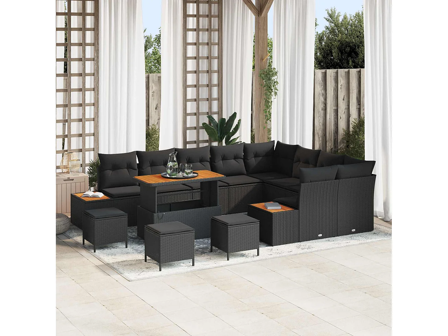 Tuin Sofa Set met kussen met opslag Zwart Poly riet