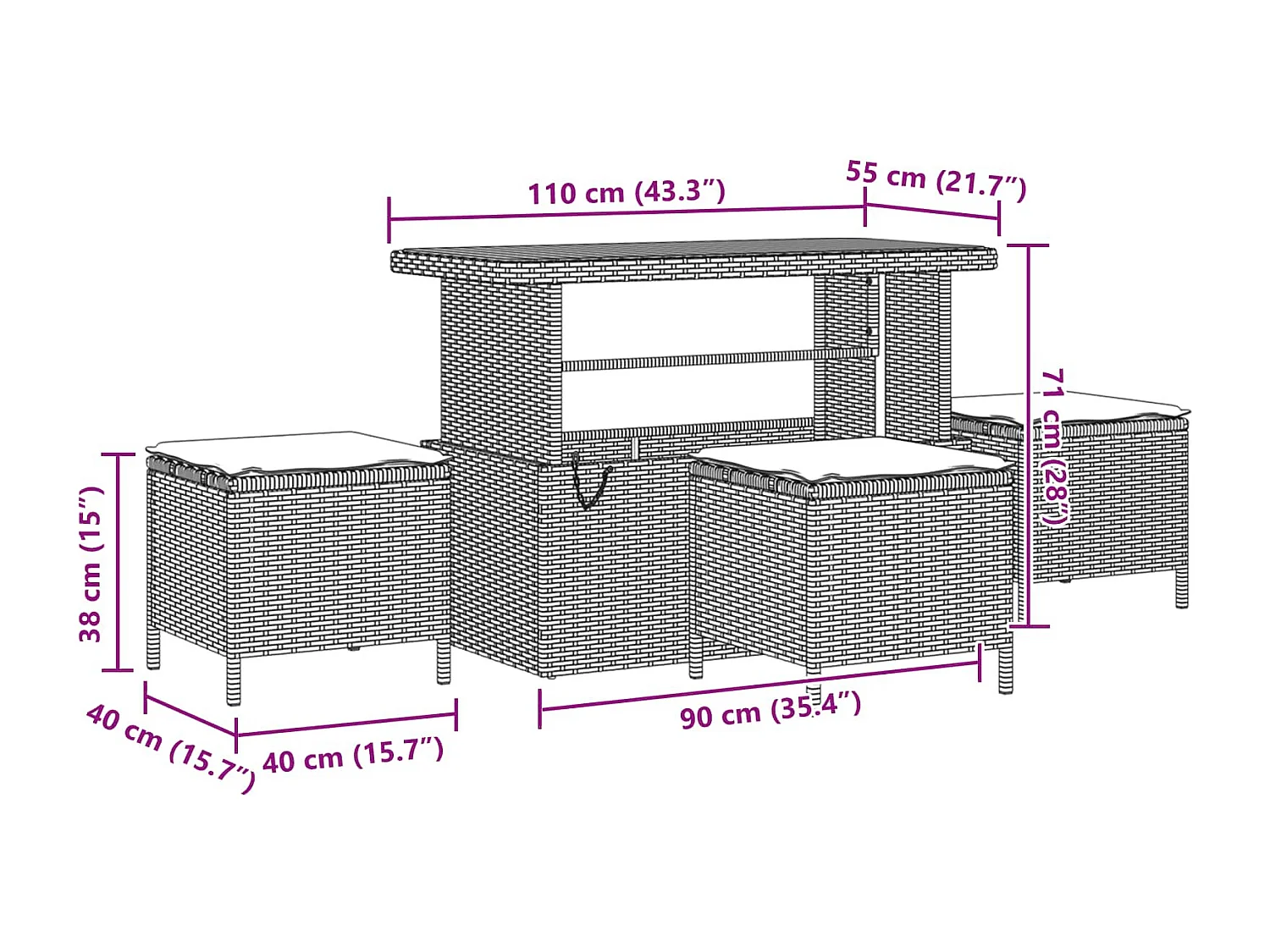 Tuin Sofa Set met kussen met opslag Zwart Poly riet