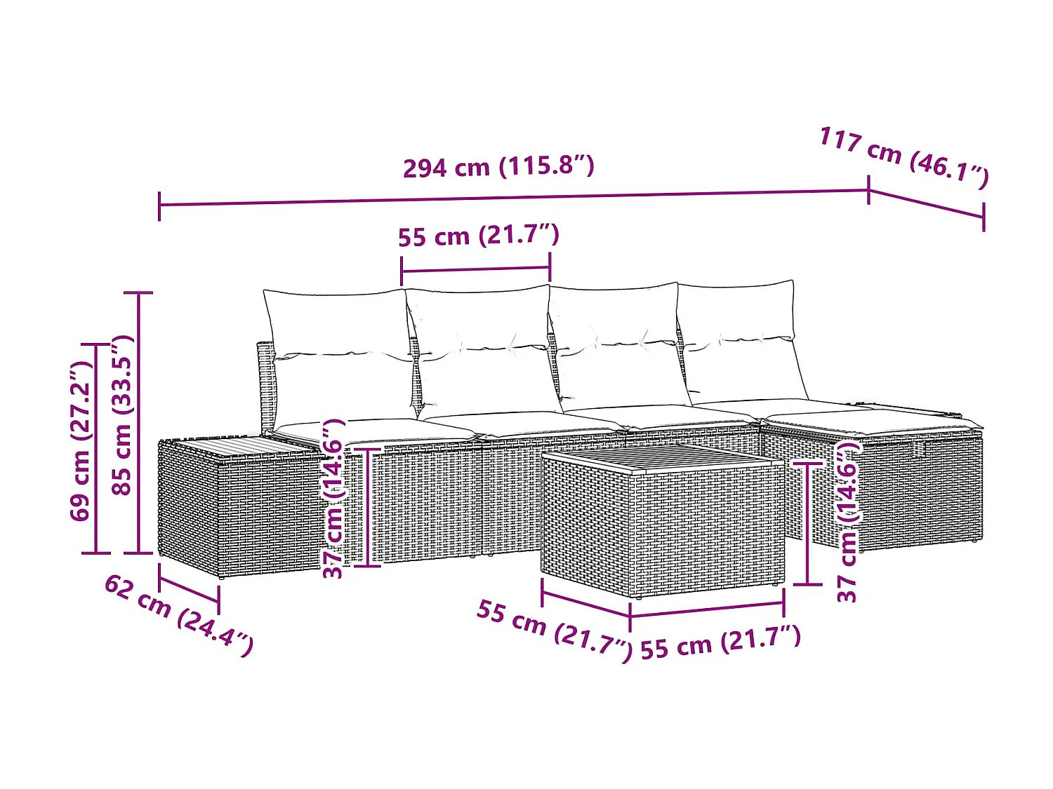 Conjunto de sofá de jardín con almohada 6 pcs Negro Poliratán