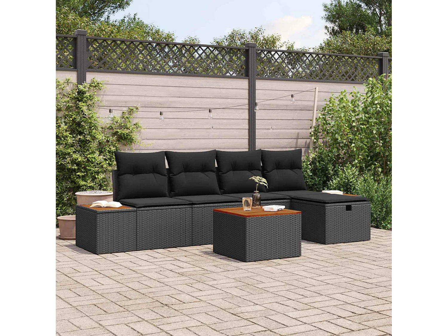 Set Divano da Giardino con cuscino 6 pcs Nero Poly Rattan