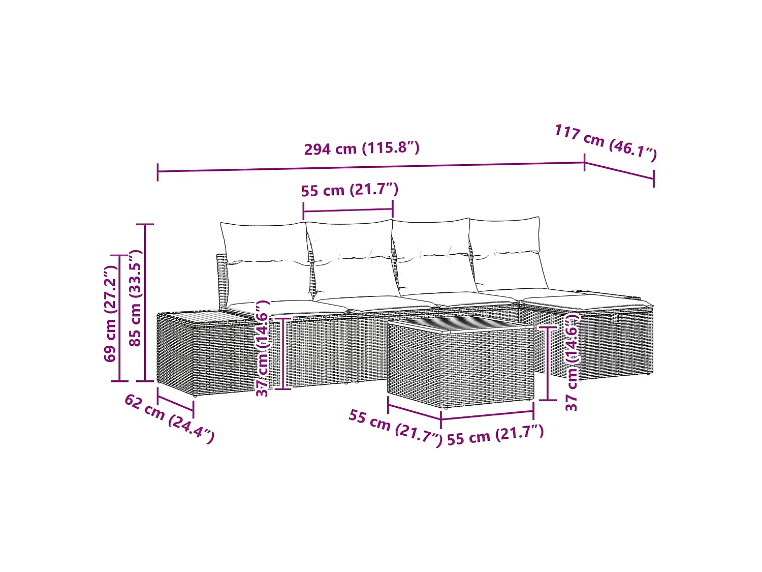 Set Divano da Giardino con cuscino 6 pcs Nero Poly Rattan