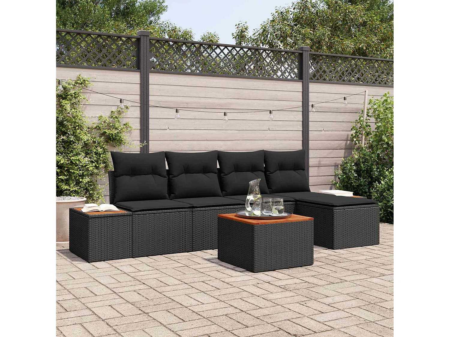 Set Divano da Giardino con cuscino 6 pcs Nero Polyrattan