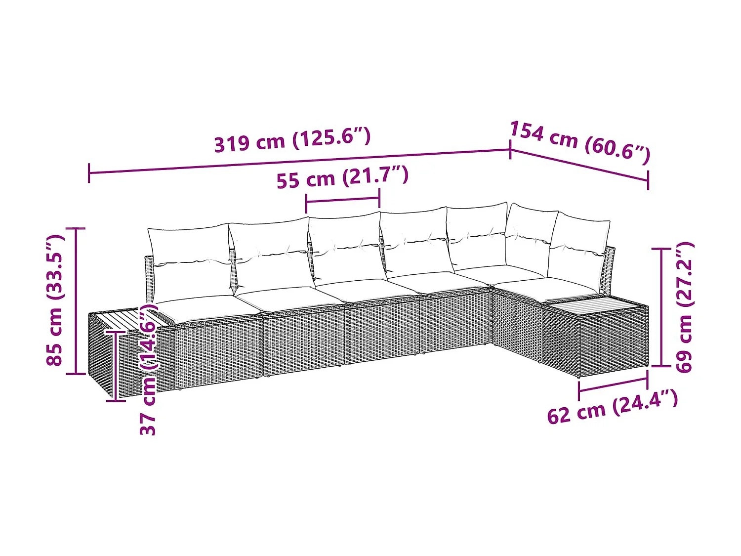 Tuinbankenset met kussen 6 pcs Zwart Poly riet