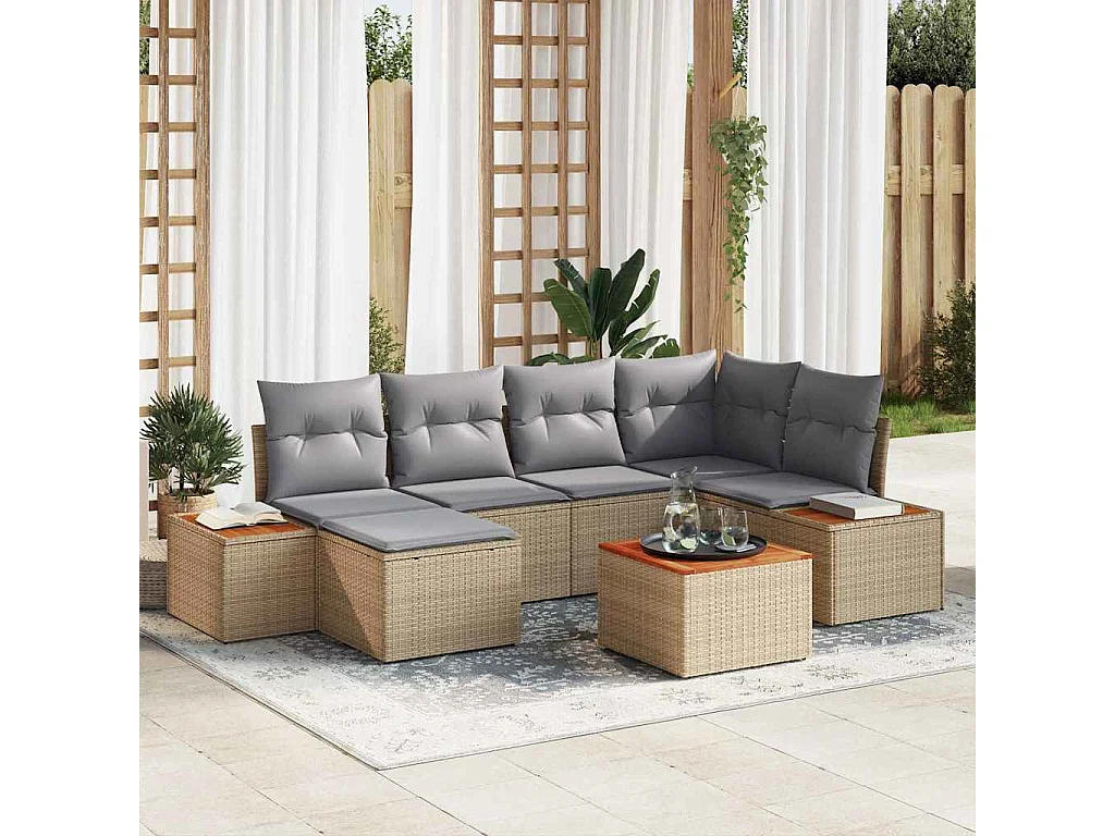 Conjunto de Sofá de Jardim 7 pcs Bege e Cinza Claro Polirattan