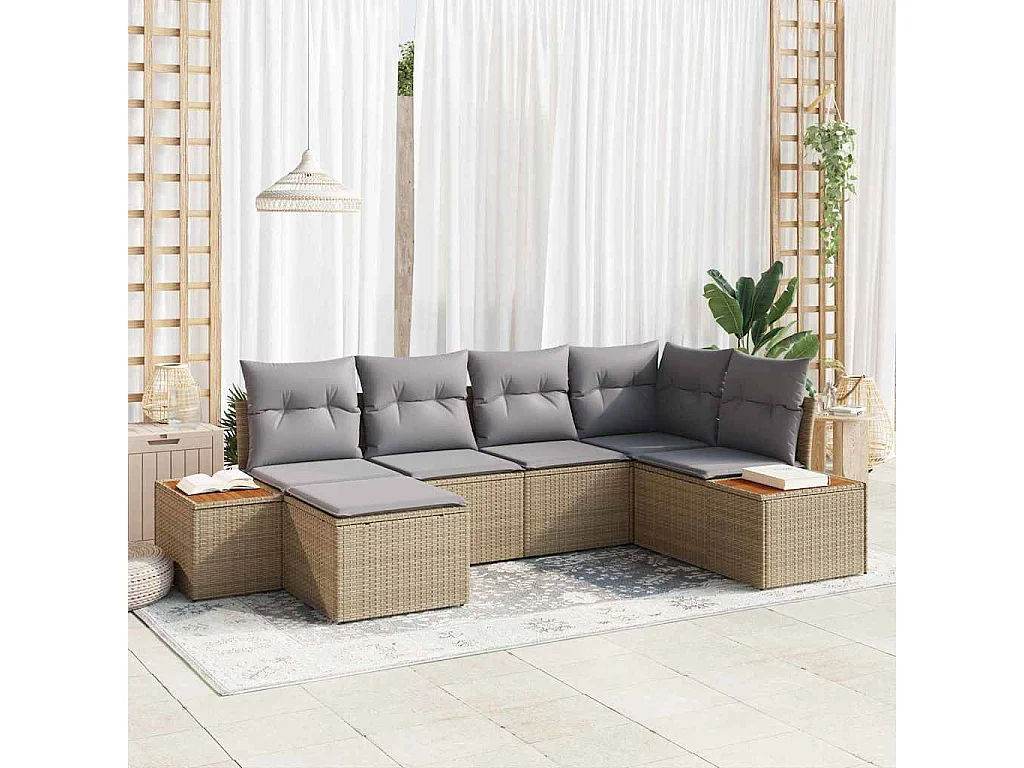 Gartensofa-set mit Kissen 7 pcs Beige und Hellgrau Polyrattan