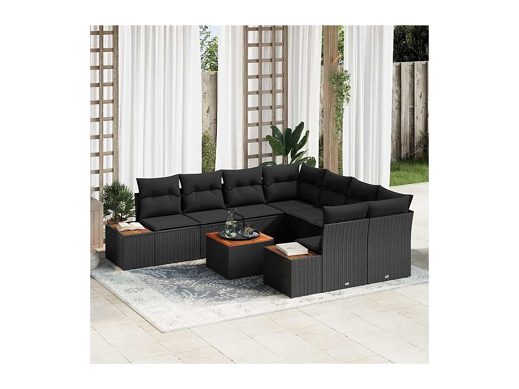 Ensemble de canapé de jardin avec coussin 9 pcs Noir Poly rotin