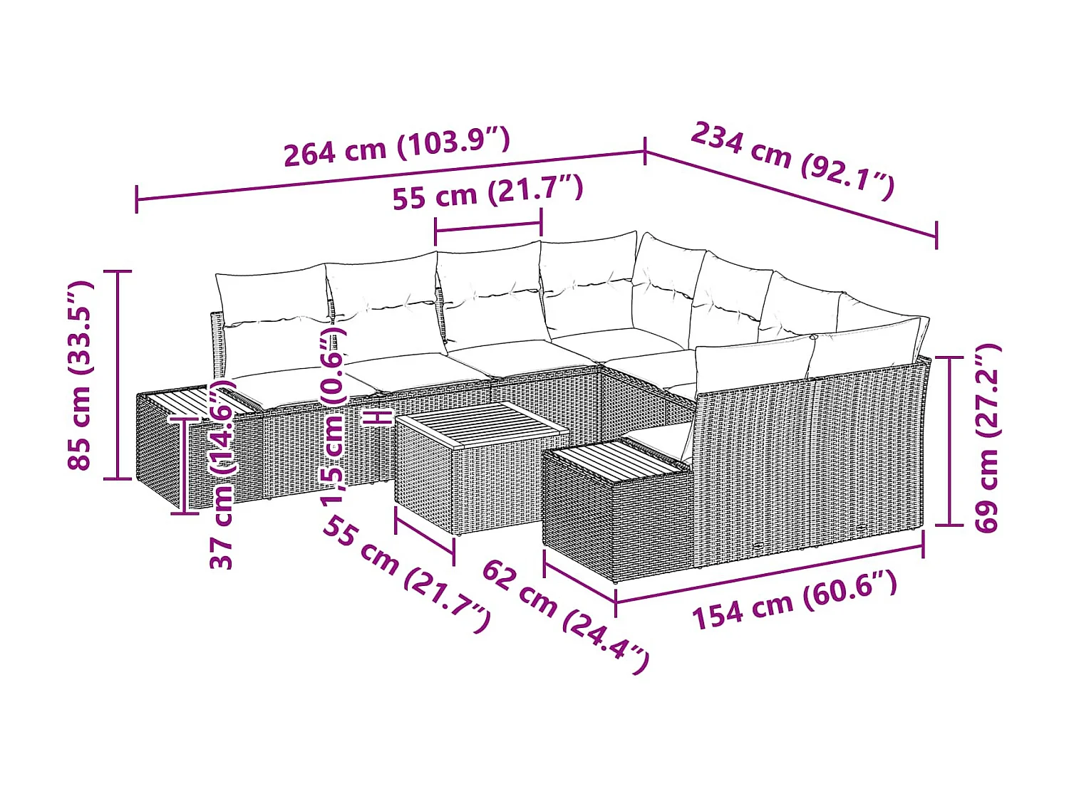 Ensemble de canapé de jardin avec coussin 9 pcs Noir Poly rotin