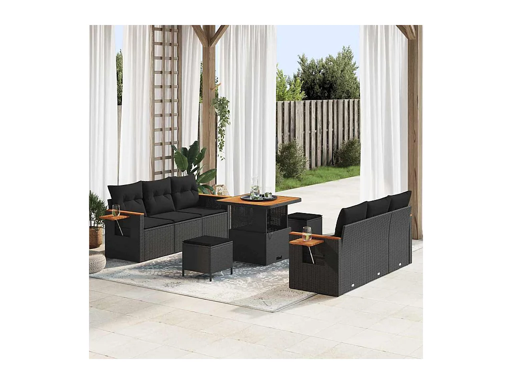 Garten-Sofa-Set mit Kissen 9 pcs Schwarz Poly Rattan
