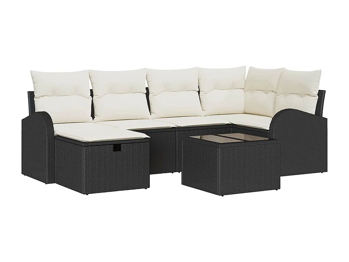 Bankstel met kussen met opslag 7 pcs Zwart en Crème poly rattan