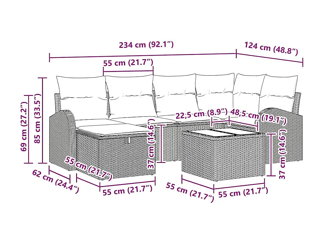 Bankstel met kussen met opslag 7 pcs Zwart en Crème poly rattan