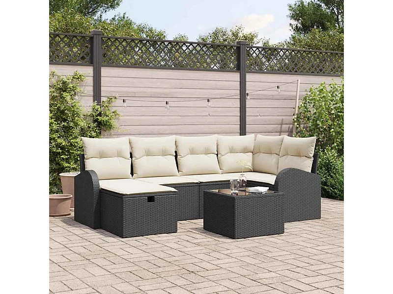 Bankstel met kussen met opslag 7 pcs Zwart en Crème poly rattan