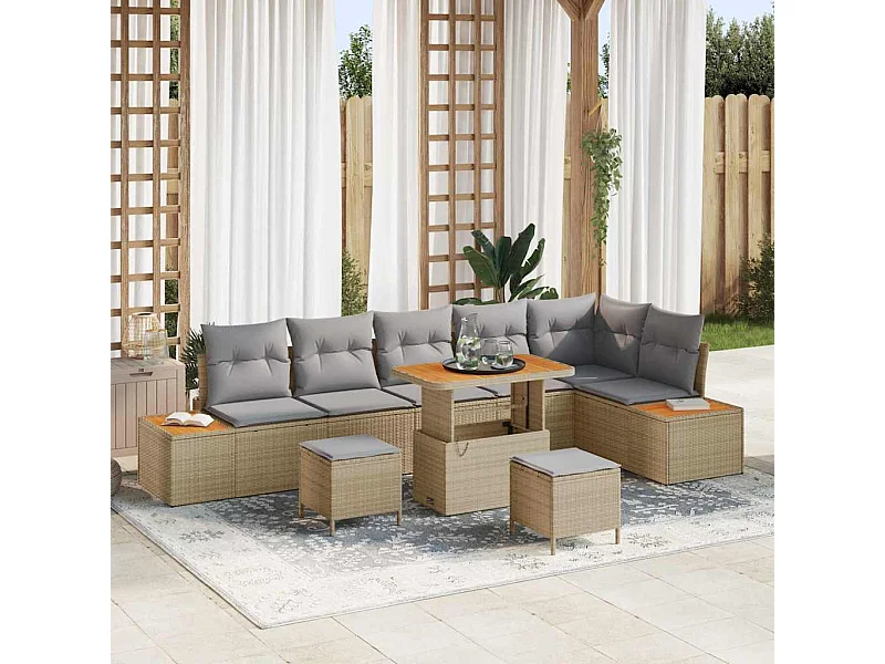 Set Divano da Giardino con cuscino 9 pcs Beige Poly Rattan