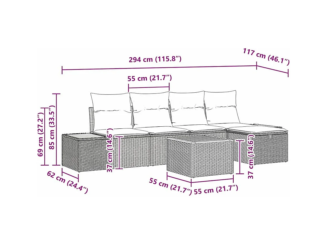 Ensemble de canapé de jardin 6 pcs Noir 55 x 62 x 69 cm