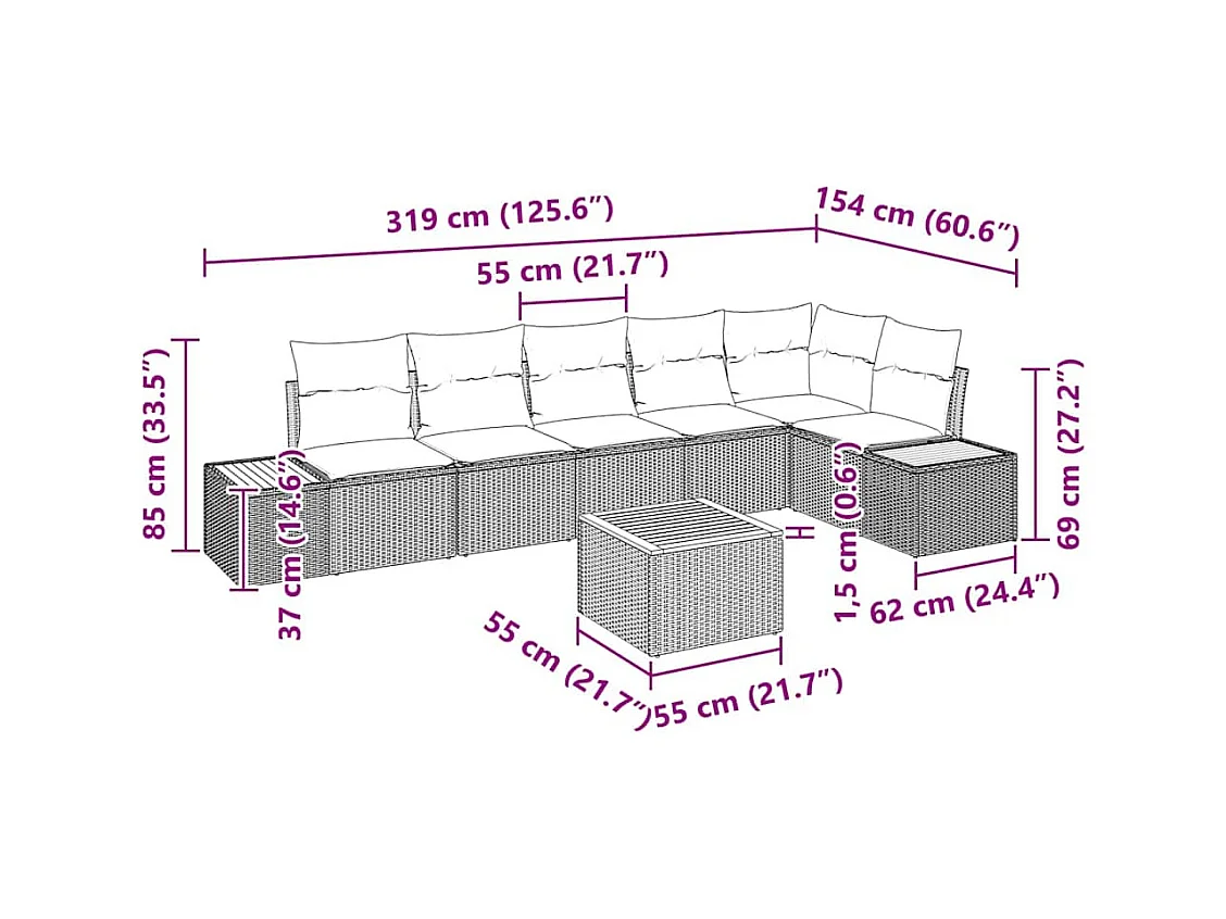Ensemble de canapé de jardin 7 pcs Gris 319 x 154 x 85 cm
