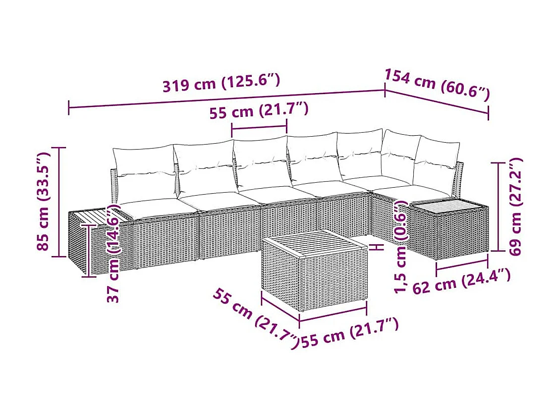Ensemble de canapé de jardin avec coussin 7 pcs Gris Poly rotin
