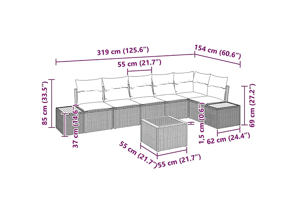 Tuinbankenset met kussen met opslag 6 pcs Grijs Polyrattan