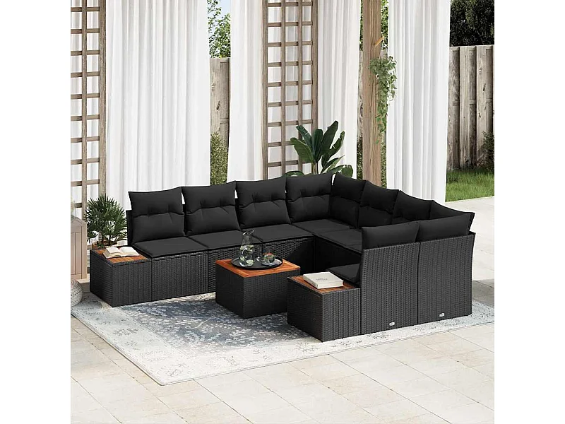 Ensemble de canapé de jardin avec coussin 9 pcs Noir Poly rotin
