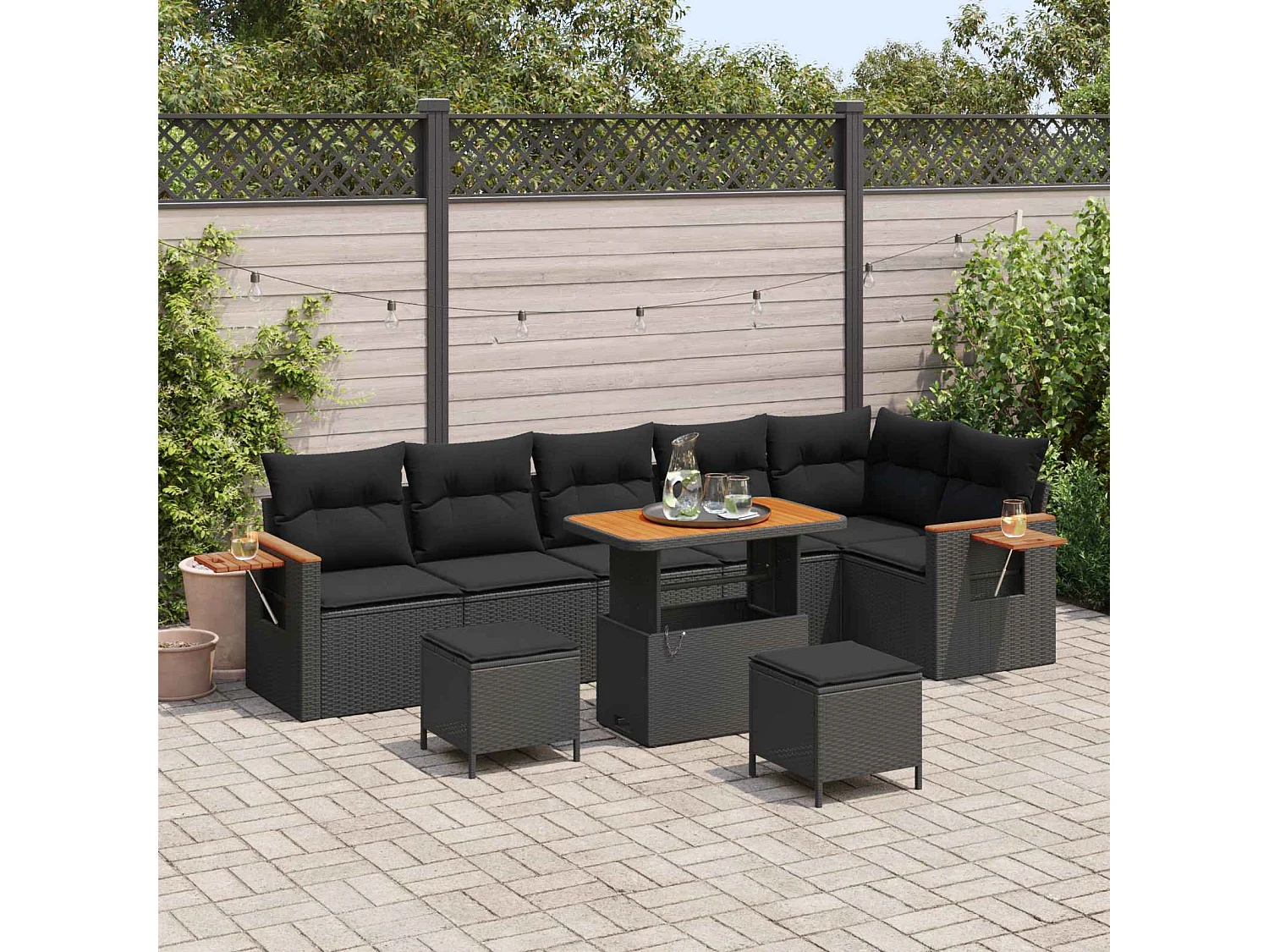 Set Divano da Giardino con cuscino 9 pcs Nero
