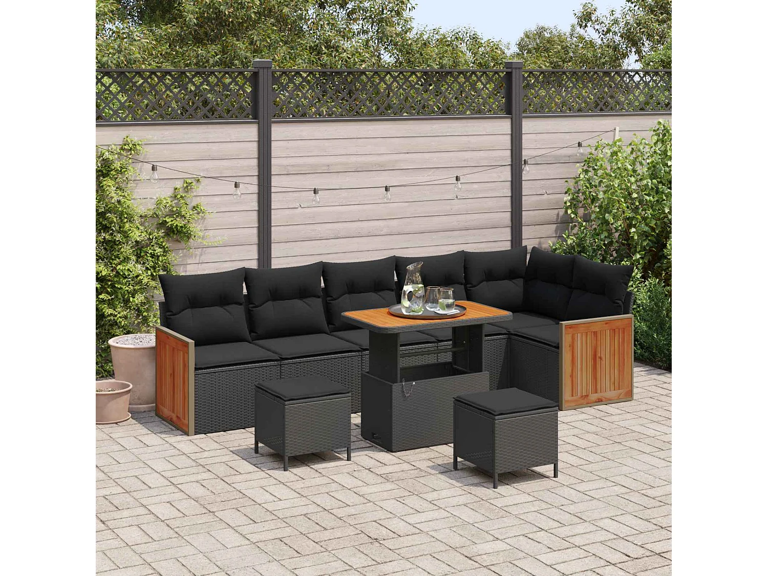 Tuinbankenset 9 pcs Zwart Poly rattan en gepoedercoat staal
