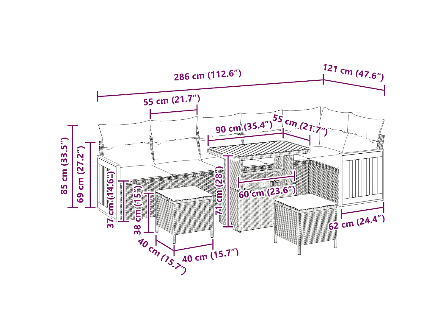 Tuinbankenset 9 pcs Zwart Poly rattan en gepoedercoat staal