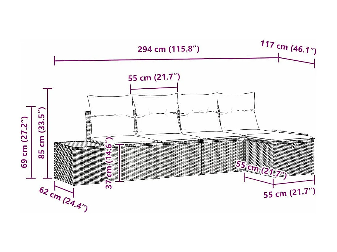 Tuin Sofa Set met kussen 5 pcs Zwart Poly riet
