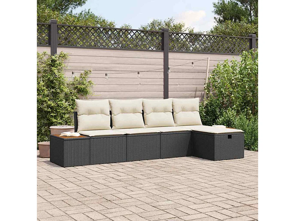 Conjunto de sofá de jardín con almohada 5 pcs Negro Poliratán