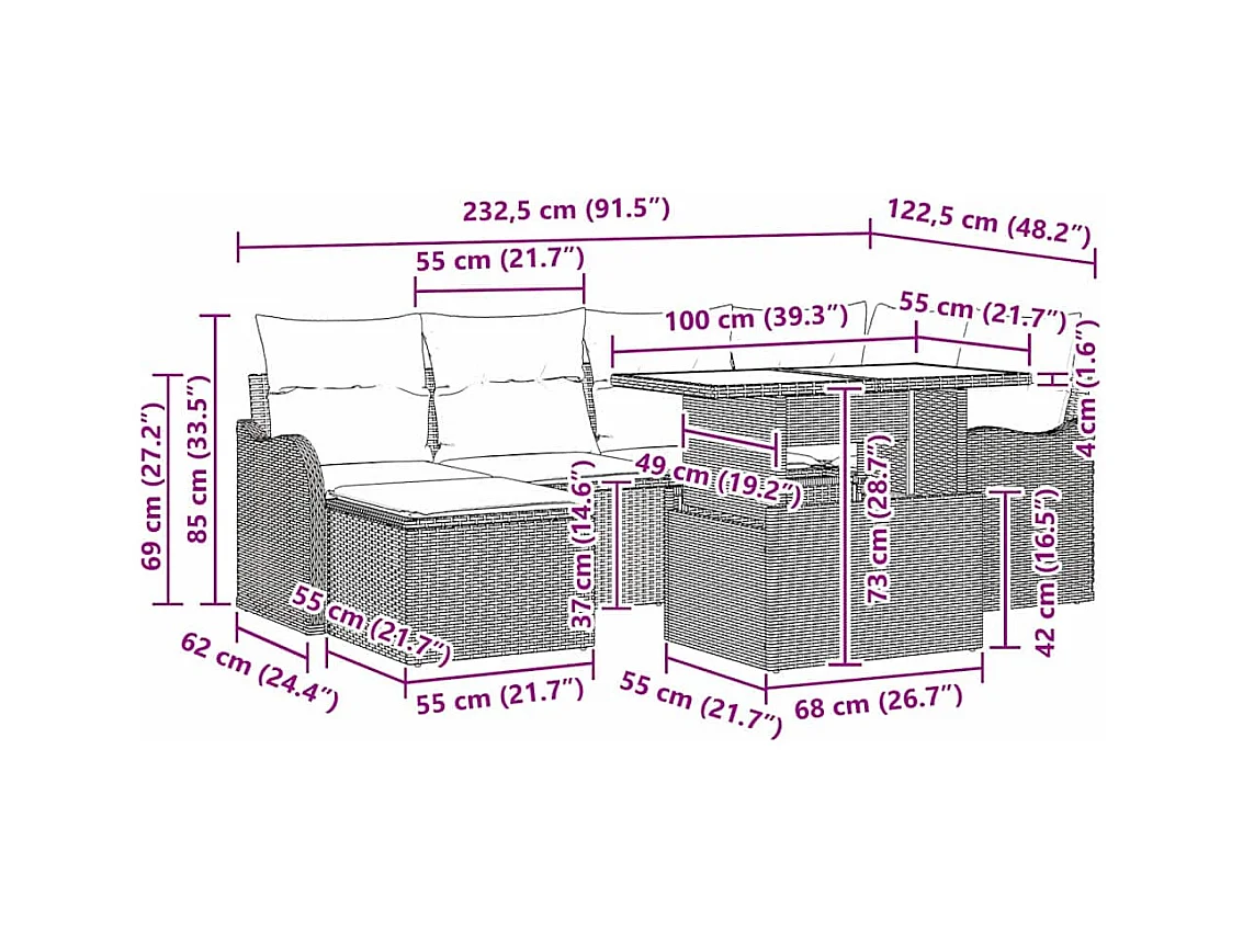 Tuin Sofa Set met kussen met opslag 7 pcs Zwart Poly riet