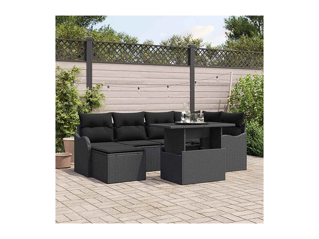 Ensemble de canapé de jardin avec coussin 7 pcs Noir Poly rotin