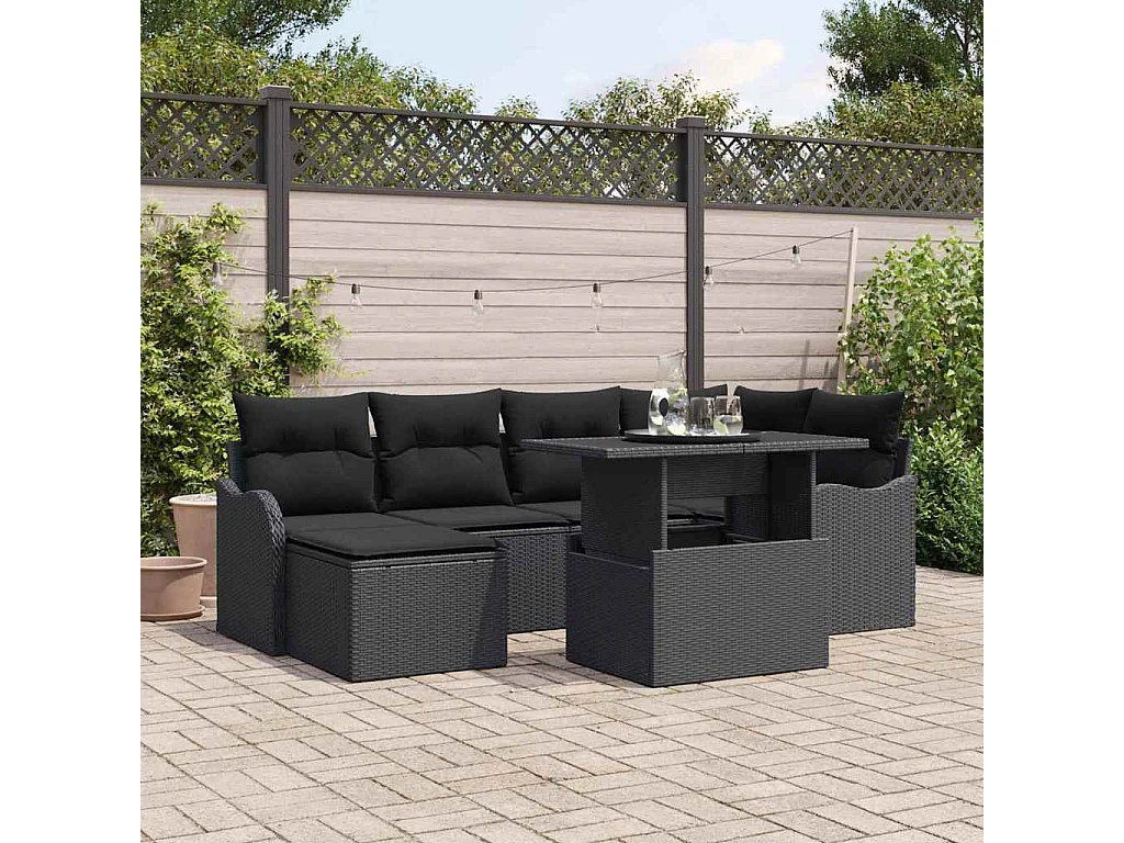 Ensemble de canapé de jardin avec coussin 7 pcs Noir Poly rotin