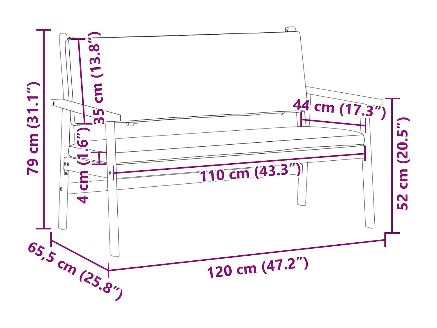 Banc de jardin avec coussin Blanc crème Bois d'Acacia Massif