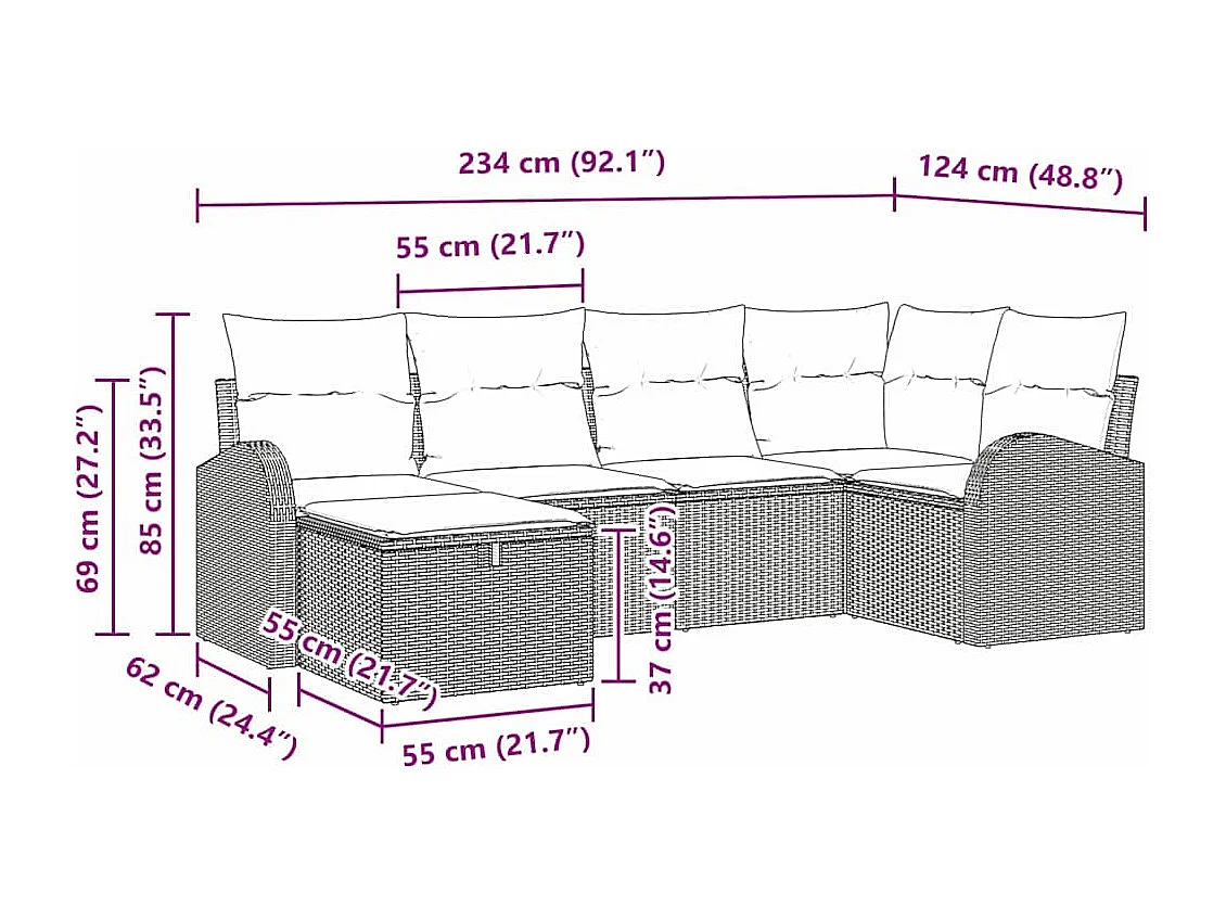 Bankstel met kussen met opslag Bruin en Crème poly rattan